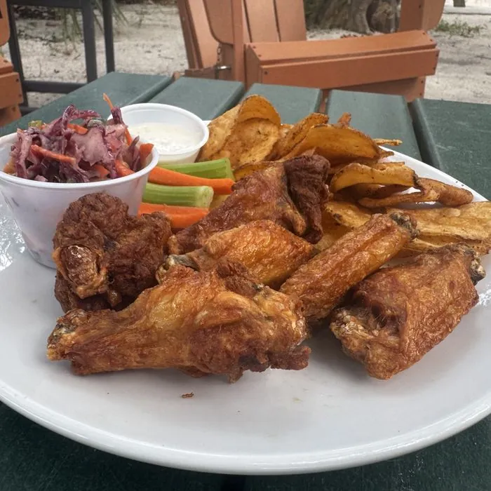 Wings, fries and slaw on a picnic table