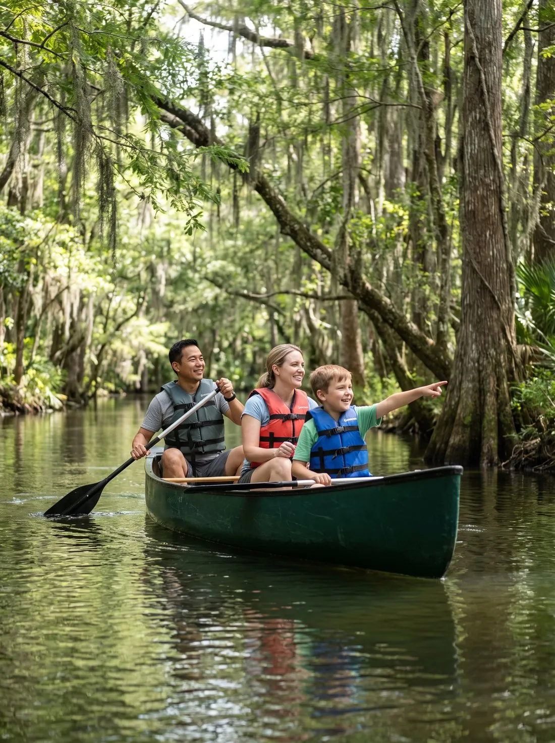 Canoeing down a shaded waterway